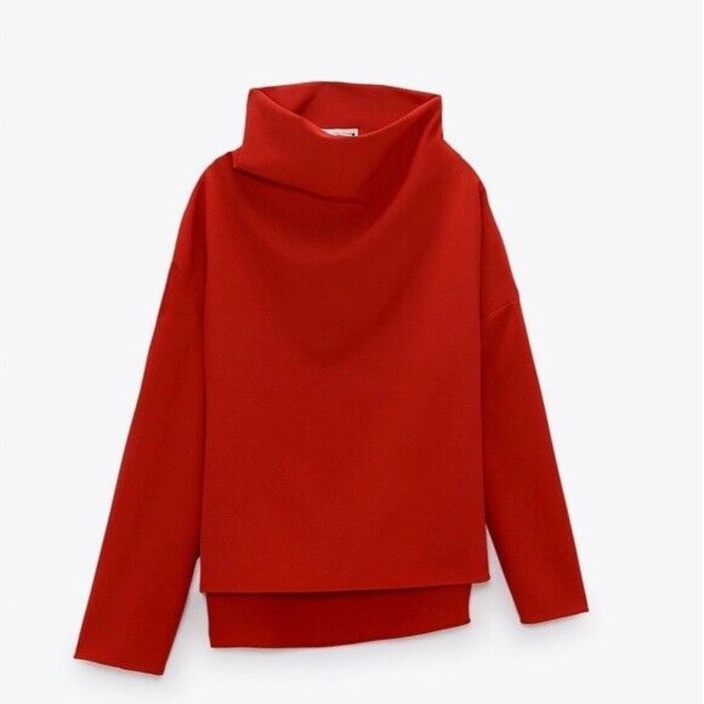 Zara Size M Womens Red Cowl Neck Asymmetrical Top Long Sleeve High-Low Blouse